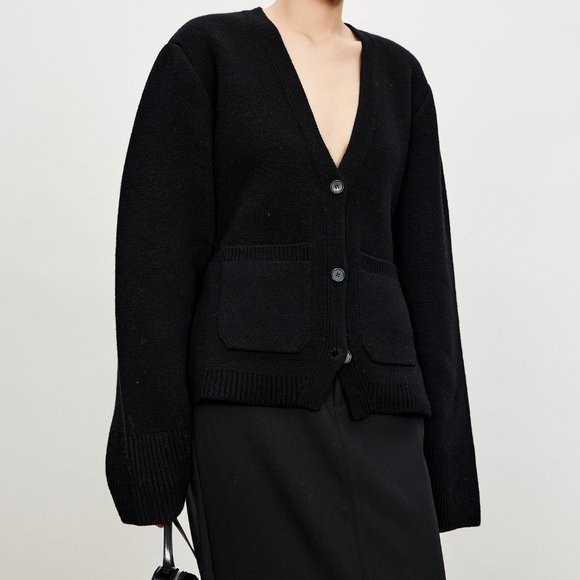 CHICJOC Scarlet Style Cashmere Cardigan Deep V-neck black size 38 - Picture 4 of 15